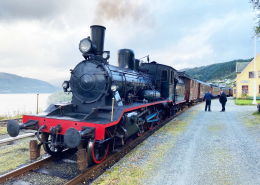 Bildet viser et tog med damplokomotiv og vogner ved Garnes stasjon.